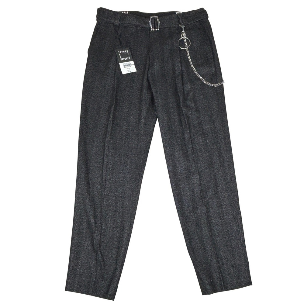 Topman Harrison Herringbone Tapered Trousers Mens 34R Charcoal Grey Chain NEW